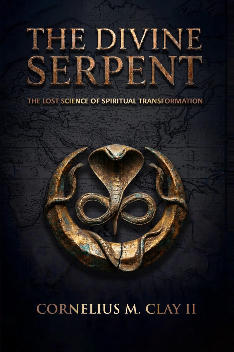 Cover of The Divine Serpent: The Lost Science of Spiritual Transformation by Cornelius M. Clay II — a bronze serpent medallion, a hooded cobra encircled by two serpents, on a dark antique-map background